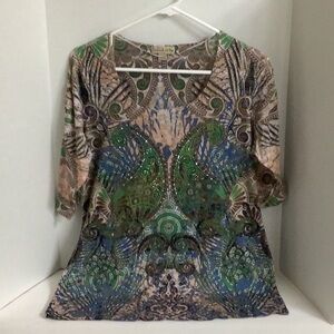 Women’s Green and Brown Patterned Blouse with Shimmering Front Detail
